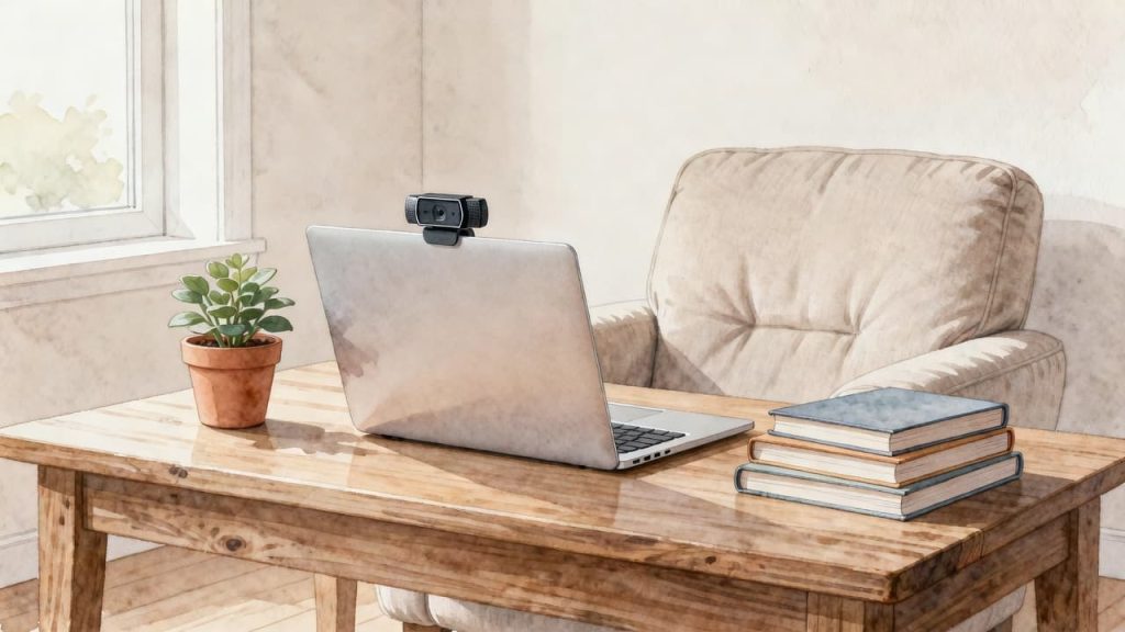 Best Webcam for Teaching Kids Online - a webcam with a comfortable chair, books and a pot plant. 