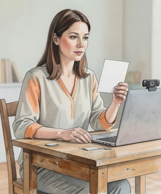 A teacher holding up a flashcard in front of a webcam. Best webcams for teaching kids online