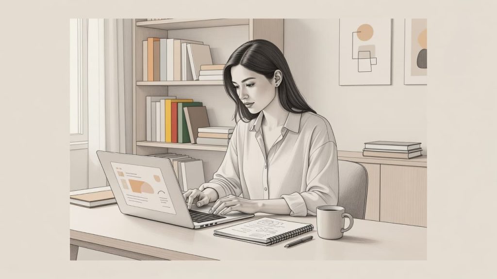 A woman making interactive worksheets and games on Canva with AI