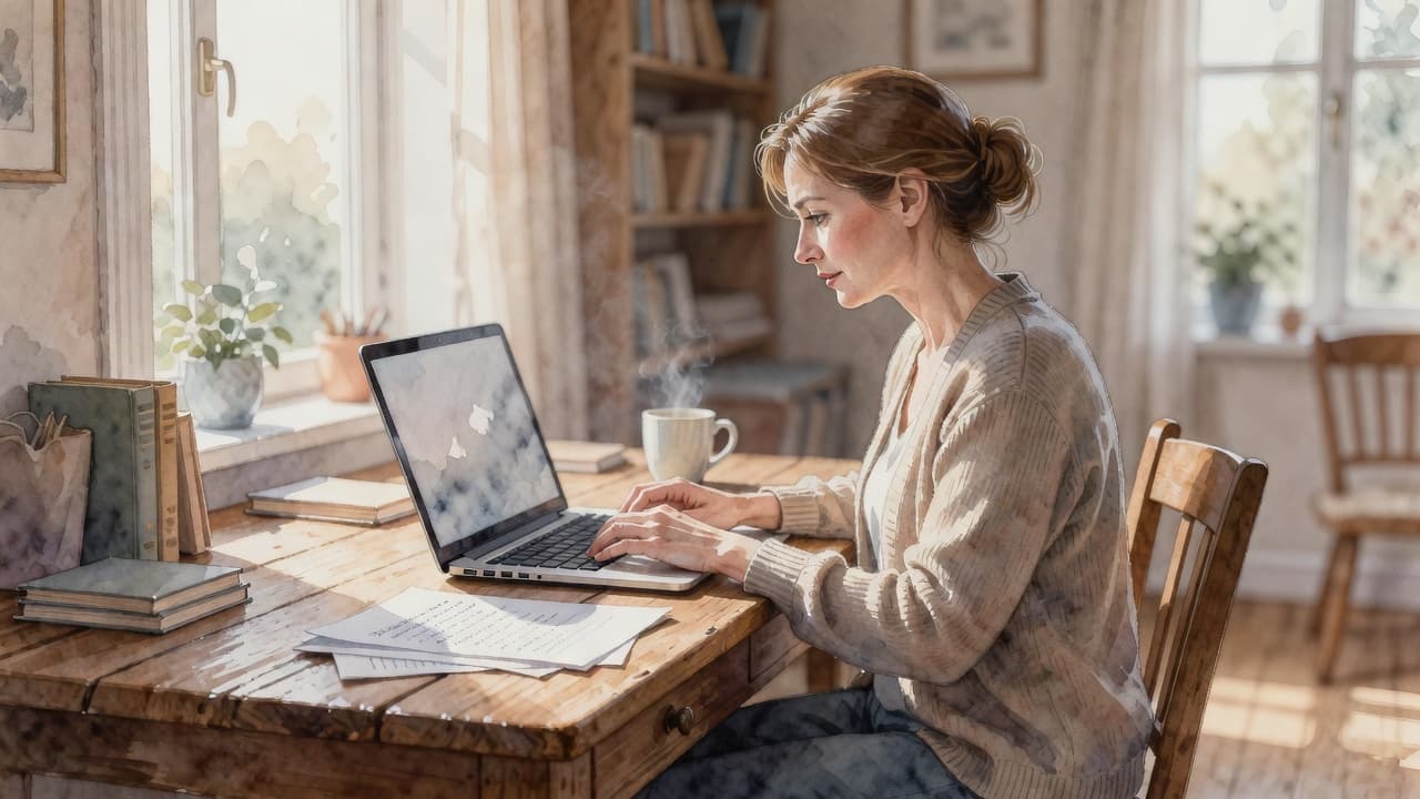 An instructor types on a laptop at a sturdy wooden desk while bathed in soft morning light. The scene features a cozy room environment rendered with gentle, artistic watercolor brush textures.