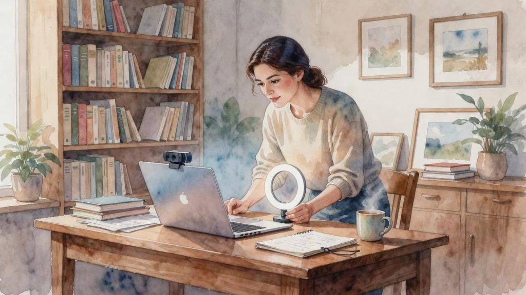 A teacher setting up her desk with a ring light and a webcam. 