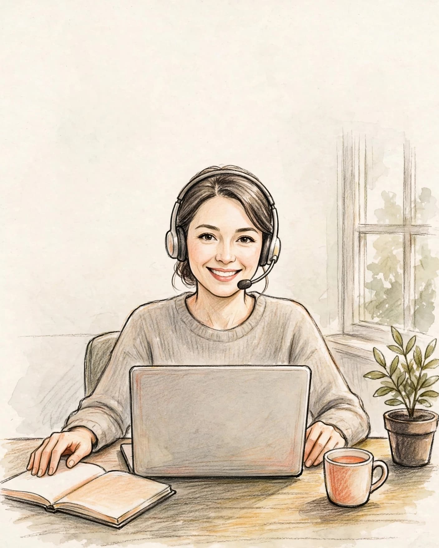A happy teacher with a laptop that works well and doesn't give her any stress