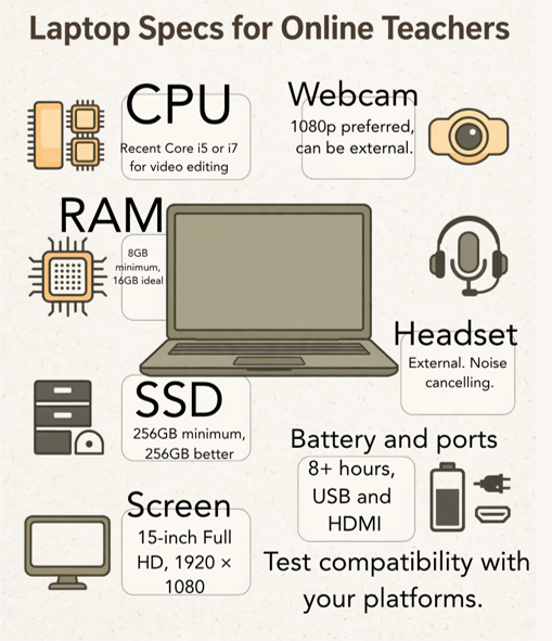 Best Laptops for online teachers: specs for online teachers: RAM, CPU, SSD, Webcam, headset, battery life and ports.
