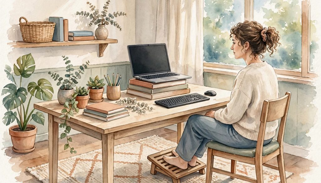 an online teacher needs back support and eye level laptop to prevent back painn