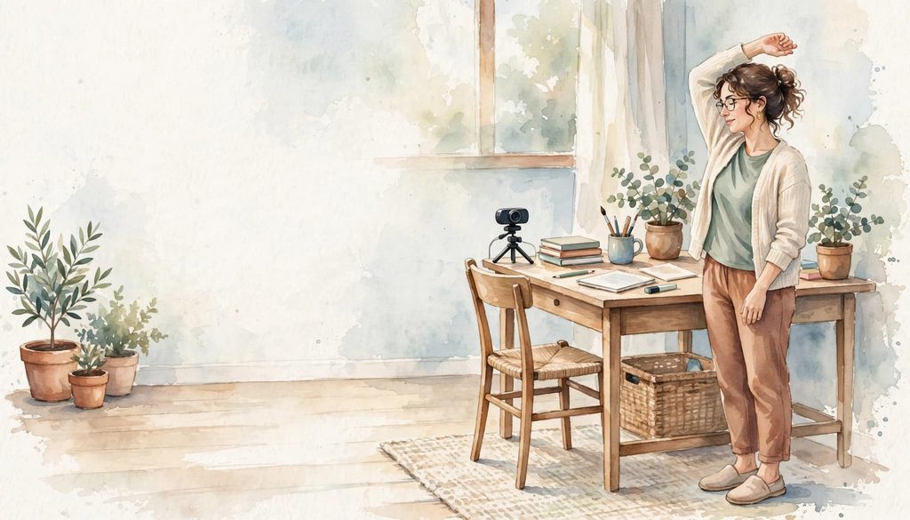 Teacher stretching beside a home teaching station during a break.